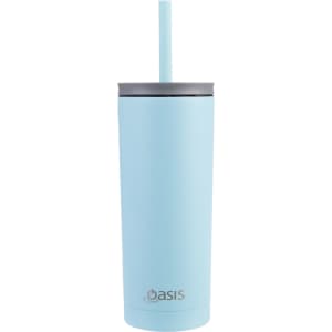 A drink bottle in light blue with a grey lid and a straw, featuring a logo on the side.
