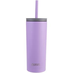 A drink bottle in lavender with a grey lid and straw, featuring a branding logo.
