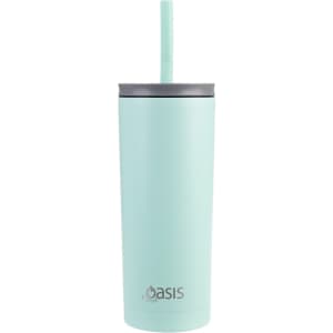 A drink bottle with a light teal finish, featuring a straw and a lid, and a logo on the front.