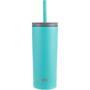 A drink bottle featuring a turquoise exterior, grey lid, and a straw, with an accompanying logo.