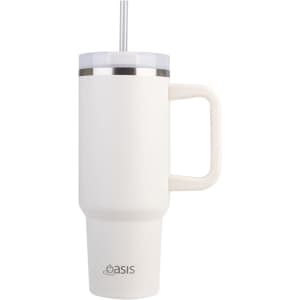 A drink bottle in white with a handle and straw, featuring a silver rim and an Oasis logo.