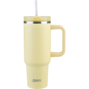 A drink bottle in soft yellow with a handle and straw, featuring a stainless steel band and a logo.