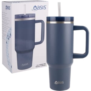 A drink bottle featuring a navy blue design, with a handle and metal accents, accompanied by its packaging.