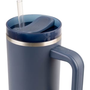 A drink bottle in dark blue with a straw and a handle, featuring a silver band and a lid.