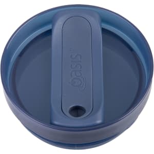 A drink bottle lid in dark blue with a sliding mechanism and a mouthpiece opening, featuring a logo.