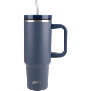 A drink bottle featuring a navy blue body, a handle, and a stainless steel straw, with a logo at the base.
