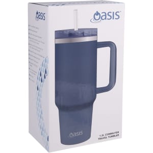A drink bottle featuring a navy blue design, a handle, and a straw lid, inside a cardboard box with a logo.