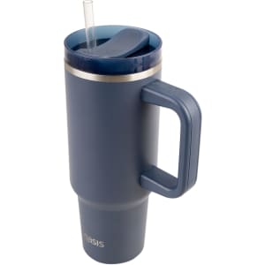 A drink bottle featuring a navy blue design, a handle, and a straw, with a logo on the side.