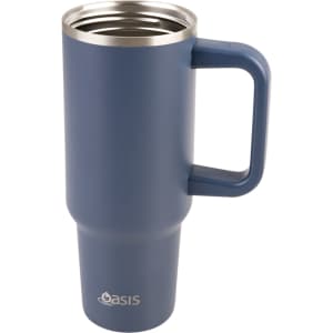 A drink bottle featuring a navy blue body, silver rim, and a sturdy handle, with a logo on the front.