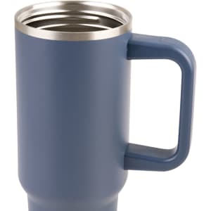 A drink bottle in navy blue with a stainless steel rim and a sturdy handle. It features a logo on the side.