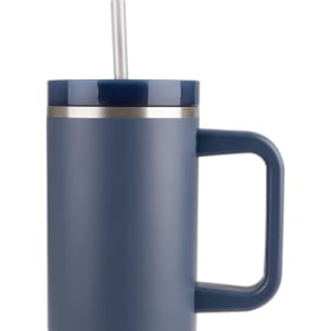 A drink bottle with a navy exterior, stainless steel lid, and a straw, featuring a handle for easy gripping.