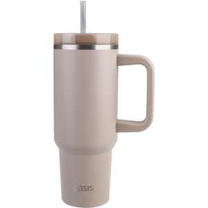 A drink bottle in a light beige colour with a handle and straw, featuring a stainless steel lid and logo.
