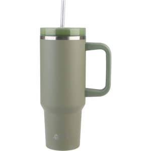 A drink bottle in matte olive green with a silver rim, a handle, and a straw. It includes a logo.