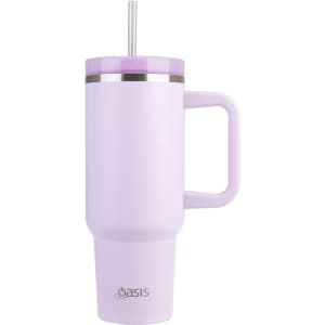 A drink bottle in light purple with a handle, straw, and a silver band. It features a logo.