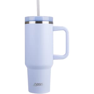 A drink bottle in light blue with a handle, metal rim, and a straw, featuring a logo on the front.