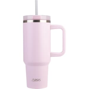 A drink bottle in soft pink with a silver band and a handle, featuring a reusable straw and a branding logo.