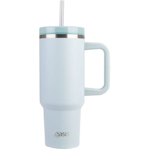 A drink bottle in light blue with a handle and straw, featuring a silver accent and a logo.