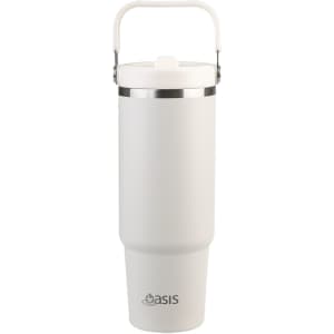 A drink bottle in white with a silver band and a handle, featuring a logo on the front.