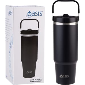 A drink bottle with a black matte finish, metal lid, and carrying handle, alongside its box featuring a logo.