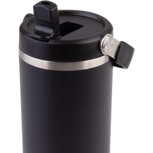 A drink bottle with a sleek black finish, featuring a metal rim and a flip-top lid. It has a logo on the side.