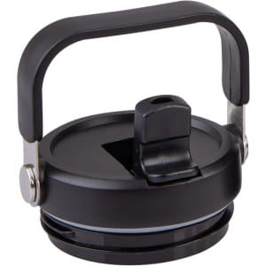 A drink bottle lid in black with a handle and spout. Features a silver metal accent and a circular design.
