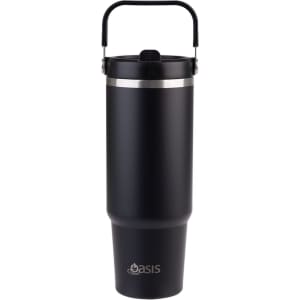 A drink bottle designed as a 900ml vacuum carry tumbler in matte black with a handle and a silver band.