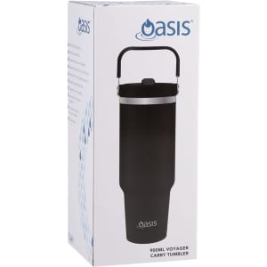 A drink bottle with a black exterior, featuring a handle and a lid, presented in a box with a logo.