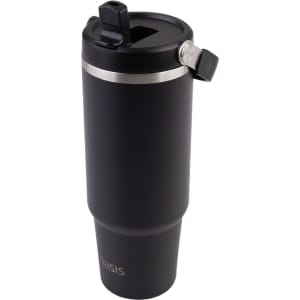 A drink bottle in matte black with a silver band and a clear flip-top lid. It features a logo.