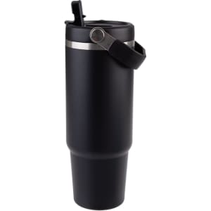 A drink bottle featuring a sleek black design with a silver band and a carrying handle, complete with a lid.