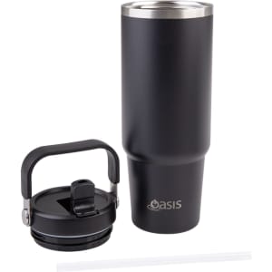 A drink bottle featuring a black matte finish, a detachable lid with a handle, and a straw. It includes a logo.