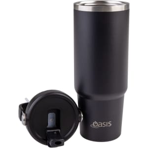 A drink bottle in matte black with a stainless steel lid and a removable drinking straw. It features a logo.