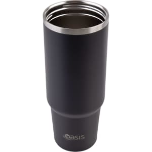 A drink bottle in matte black finish, featuring a stainless steel interior and an oasis logo.