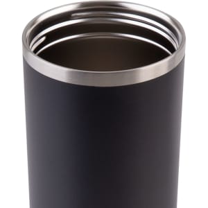 A drink bottle in matte black with a stainless steel rim, featuring a sleek, modern design and a logo.