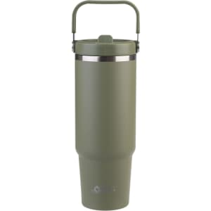 A drink bottle in olive green with a silver band and a carry handle, featuring a logo on the front.