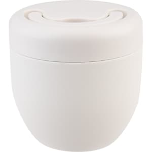 A drink bottle in a sleek, off-white design with a spill-proof lid and a smooth finish. It features a logo.