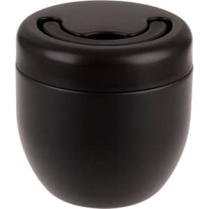 A vacuum food pod in matte black, featuring a smooth finish and a curved lid design. It includes a logo.