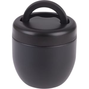 A drink bottle featuring a sleek black design with a handle on the lid and a smooth matte finish.