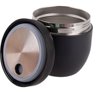 A black vacuum food pod with a stainless steel interior and a grey silicone seal, featuring a lid.