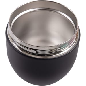 A vacuum food pod with a sleek black exterior and shiny stainless steel interior. It features a branding logo.