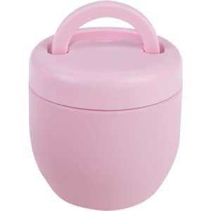 A pink vacuum food pod with a round shape and a handle on top. It features a smooth, matte finish and has a logo.