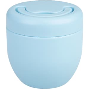 A vacuum food pod in light blue, featuring a rounded design and a secure lid. It has a visible logo.