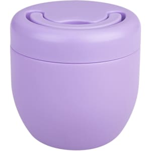 A vacuum food pod in a soft lavender colour with a round design and a lid featuring a circular opening.