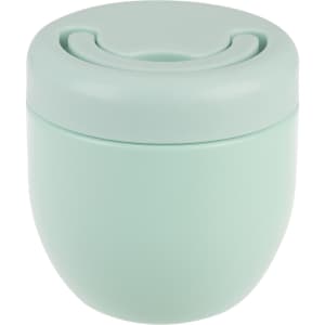 A drink bottle in soft mint green with a lid and a sleek, rounded design. It features a branding logo.