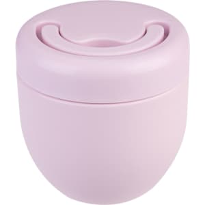 A vacuum food pod in soft pink with a lid featuring a curved opening and a smooth surface. It has a logo on it.