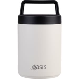 A vacuum food flask in off-white and black with a handle, featuring a logo on its front.