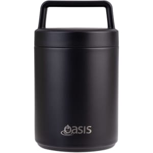 A black vacuum food flask with a handle and a spoon, featuring a logo on the front.