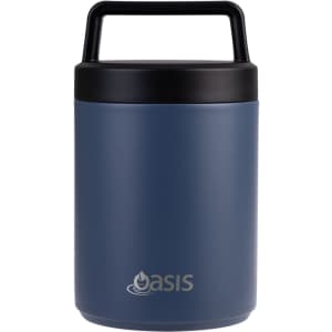 A vacuum food flask in a dark blue colour with a black lid and a handle. It features a logo on the front.