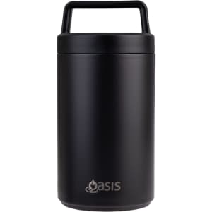 A drink bottle with a sleek black exterior, featuring a handle and an attached spoon. Branding is present.