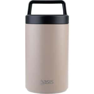 A 700ml vacuum food flask in a matte beige colour with a black lid and handle, featuring a branding logo.