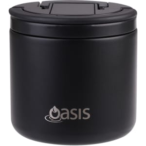 A drink bottle in matte black with a spork attached, featuring a logo on the front.